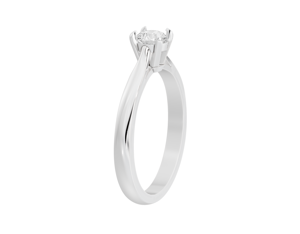 Sterling silver lab diamond solitaire ring with round center stone in prong setting.