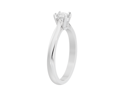 Sterling silver lab diamond solitaire ring with round center stone in prong setting.