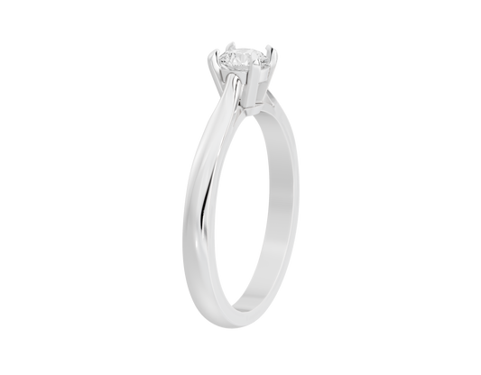 Sterling silver lab diamond solitaire ring with round center stone in prong setting.