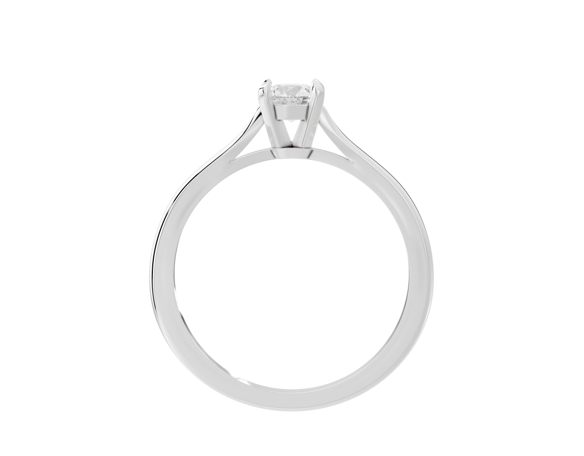 Sterling silver lab diamond solitaire ring with round stone in four-prong setting.