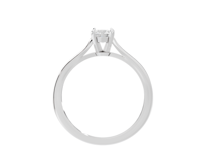 Sterling silver lab diamond solitaire ring with round stone in four-prong setting.