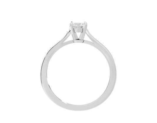Sterling silver lab diamond solitaire ring with round stone in four-prong setting.