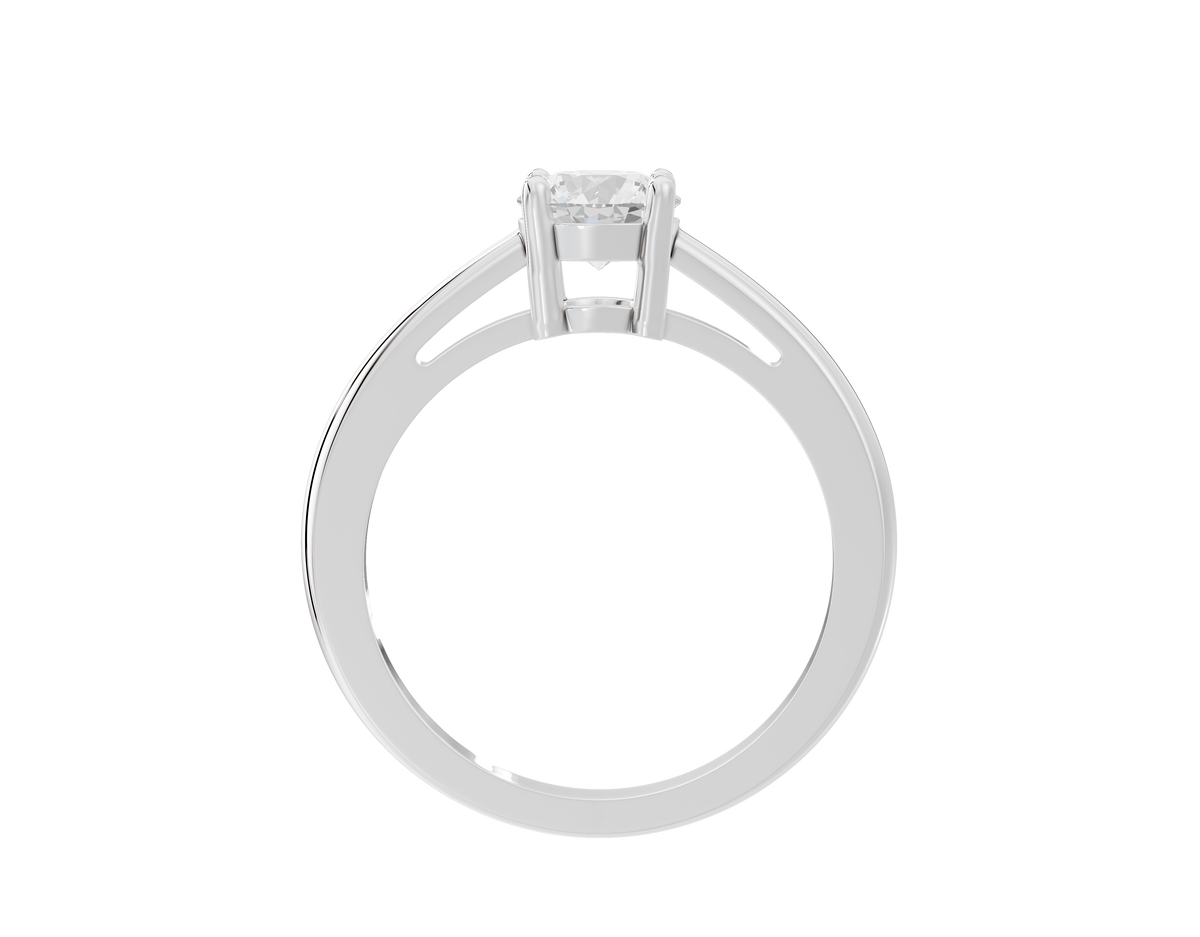 Sterling silver lab diamond ring top view with round center stone in prongs