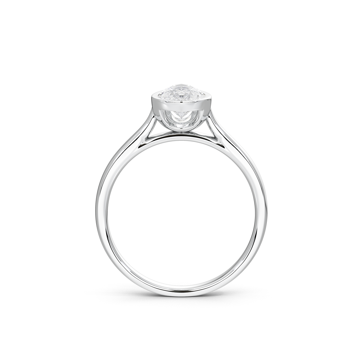 Angle view of 925 sterling silver pear-cut lab diamond bezel ring, open gallery