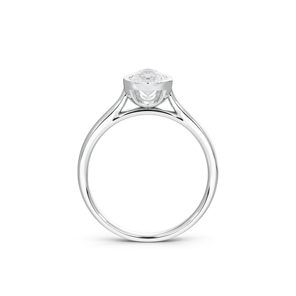 Angle view of 925 sterling silver pear-cut lab diamond bezel ring, open gallery
