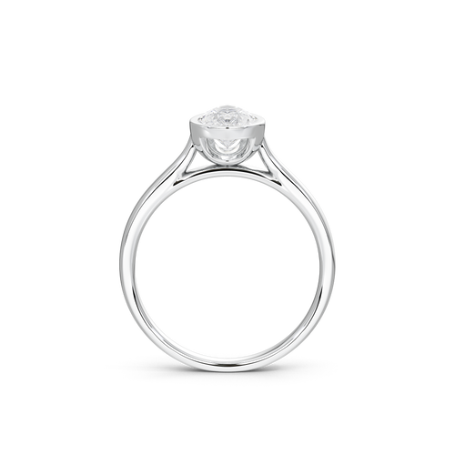 Angle view of 925 sterling silver pear-cut lab diamond bezel ring, open gallery