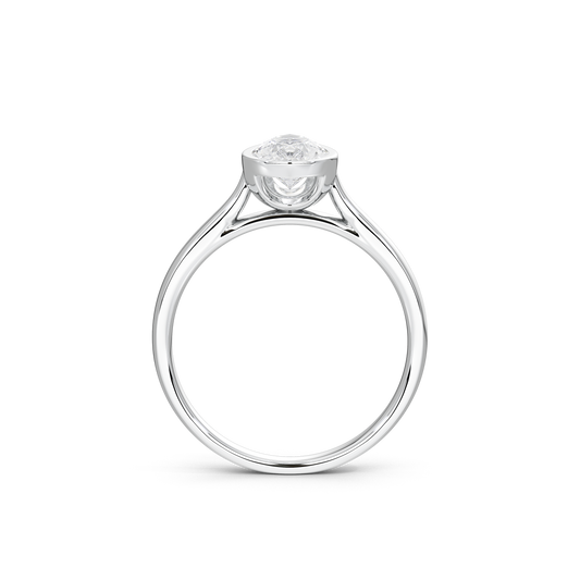 Angle view of 925 sterling silver pear-cut lab diamond bezel ring, open gallery