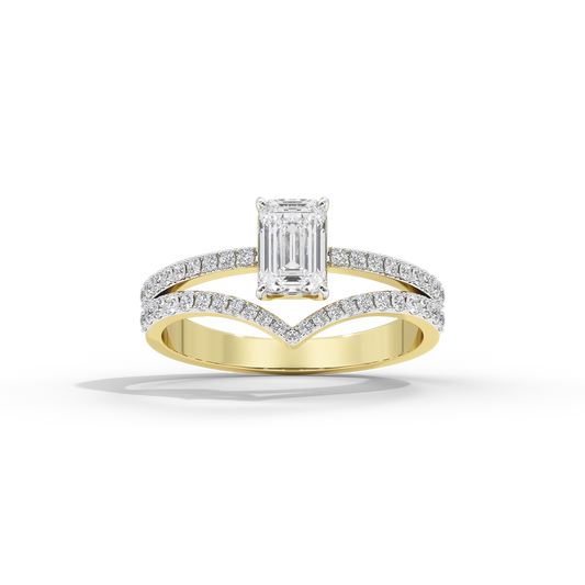 Gold vermeil ring viewed from above with emerald-cut lab diamond and pavé details