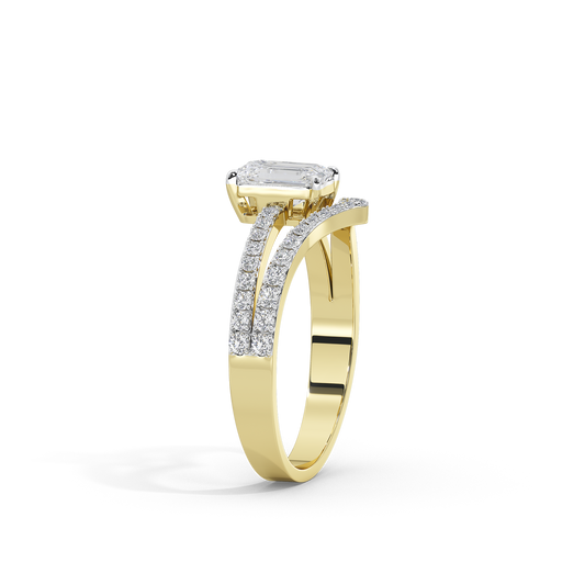 Gold vermeil ring with emerald-cut lab diamond center and pavé sparkle along band