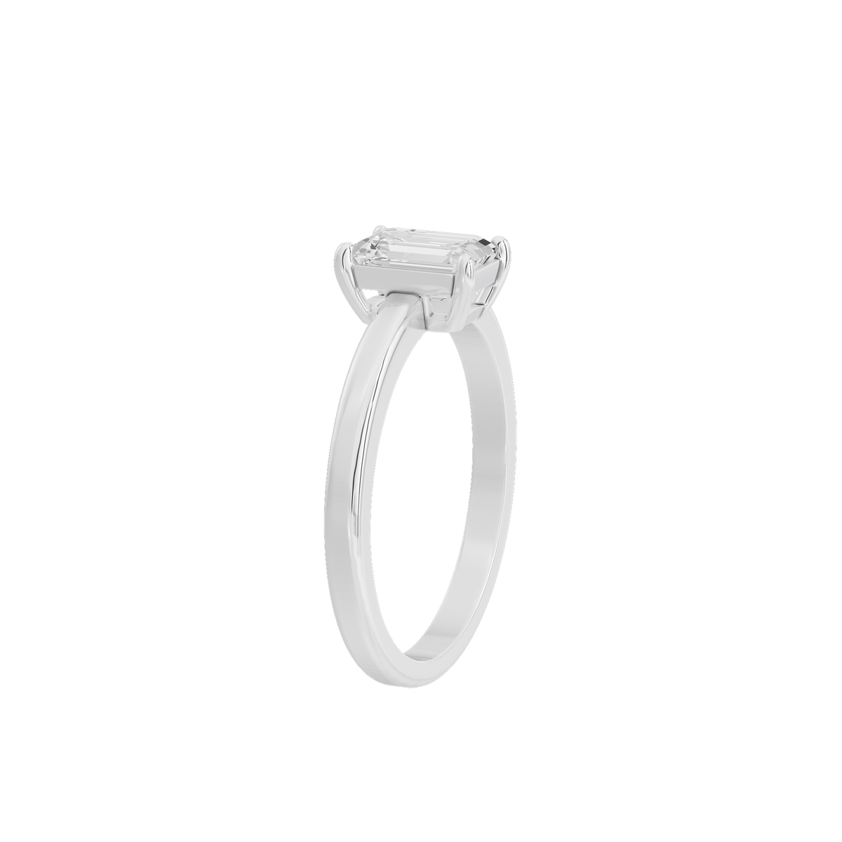 Sterling silver lab diamond ring with emerald-cut center stone, side view