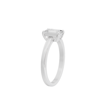 Sterling silver lab diamond ring with emerald-cut center stone, side view