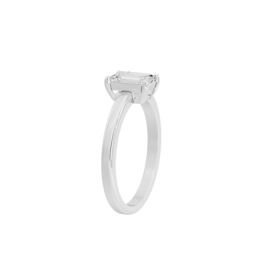 Sterling silver lab diamond ring with emerald-cut center stone, side view