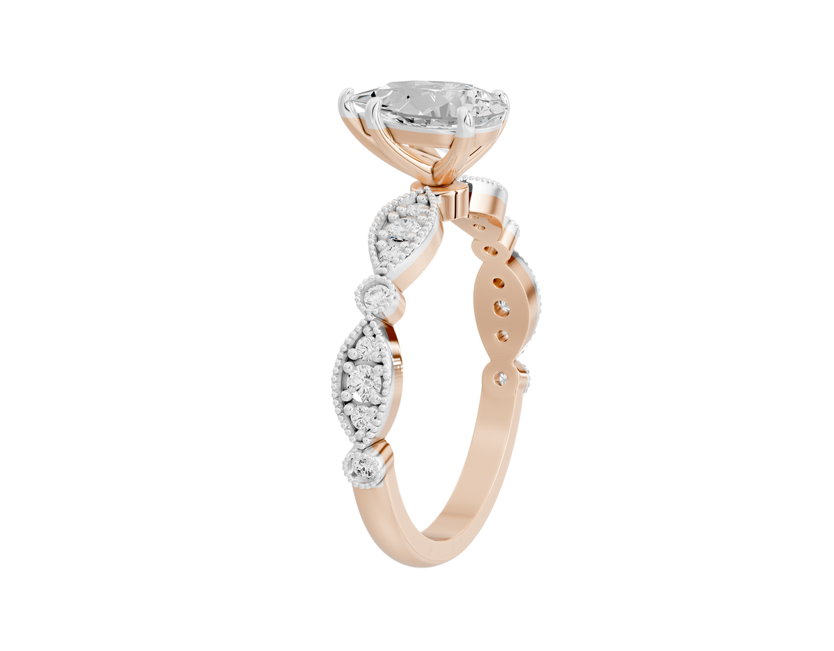 Rose gold vermeil lab diamond ring side view with pavé stone halos