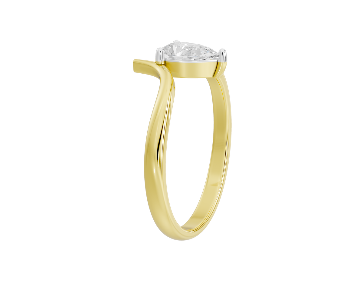 Yellow gold vermeil lab diamond pear-shaped ring, side view of prong setting