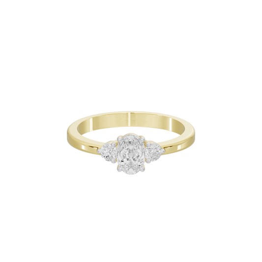 Yellow gold vermeil diamond ring with oval center diamond and three-stone look