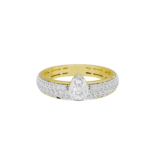 Yellow gold vermeil lab diamond ring with pear center stone and textured pavé band