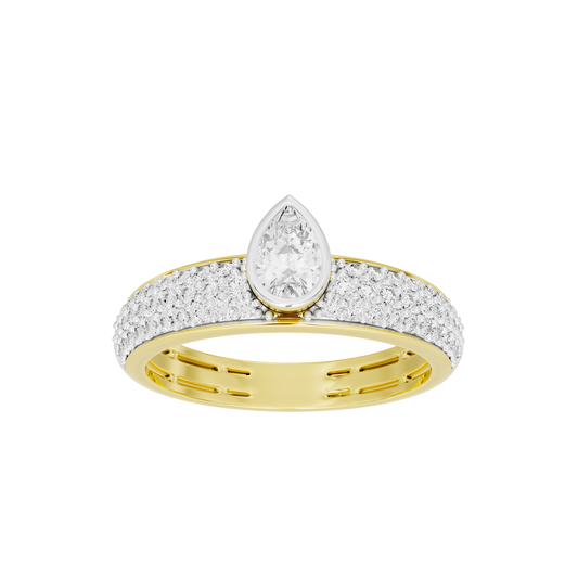 Yellow gold vermeil lab diamond ring with pear-cut center stone and pavé shank