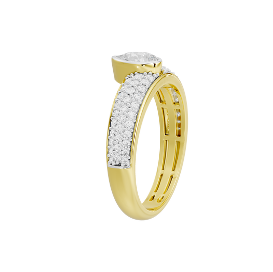 Yellow gold vermeil lab diamond ring, side profile with pear center and pavé band