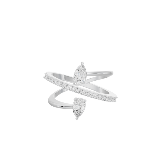 Silver three-stone diamond ring with marquise center and side sparkles, front view