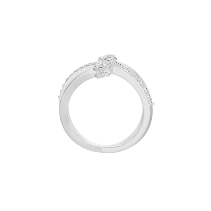 Silver lab diamond ring with round center stone and pavé band