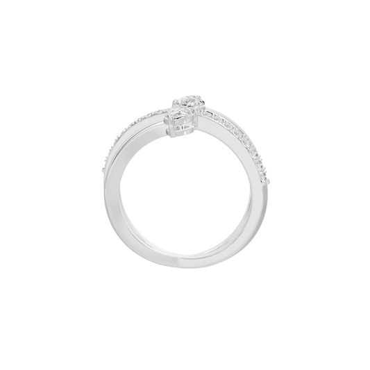 Silver lab diamond ring with round center stone and pavé band
