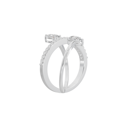 Silver lab-grown diamond ring with two stacked bands and marquise center stones