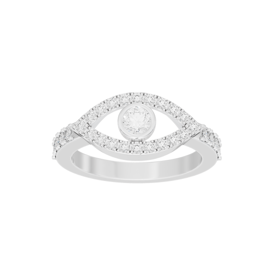 Sterling silver eye-shaped halo lab diamond ring, side view with pavé setting.