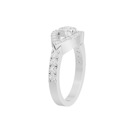 Sterling silver lab diamond ring with eye motif and split shank pavé bands.