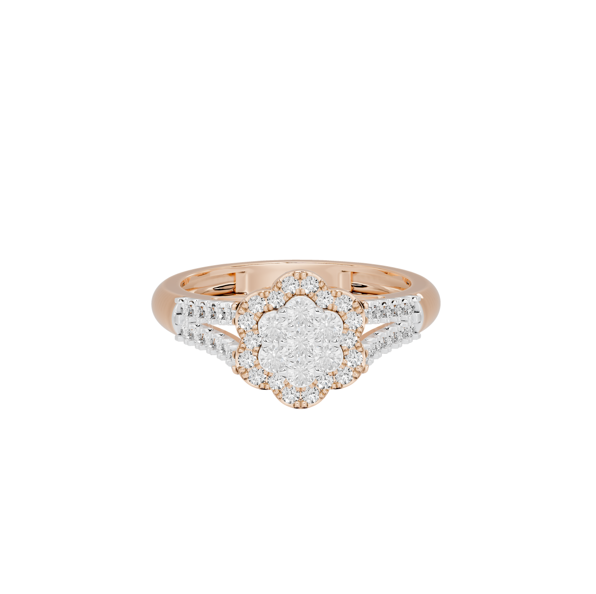 Rose gold vermeil lab diamond ring with oval halo center and pavé band.