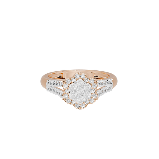 Rose gold vermeil lab diamond ring with oval halo center and pavé band.