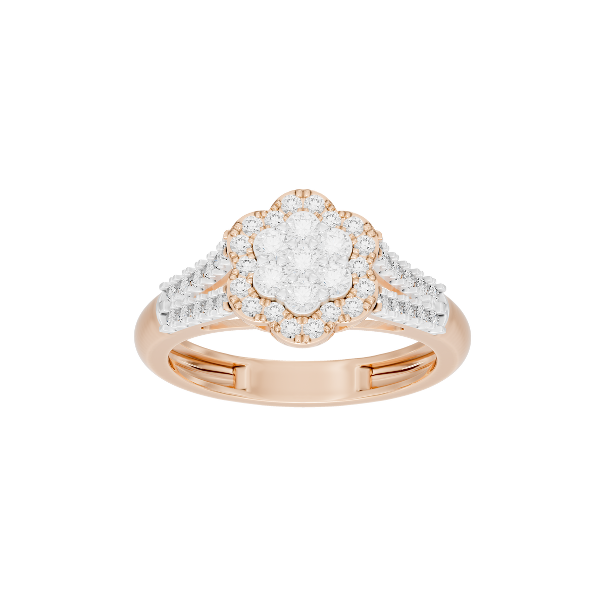 Rose gold vermeil lab diamond ring with oval halo center and side pavé details.