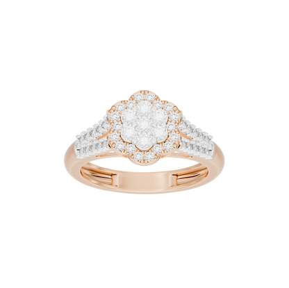 Rose gold vermeil lab diamond ring with oval halo center and side pavé details.