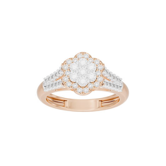 Rose gold vermeil lab diamond ring with oval halo center and side pavé details.