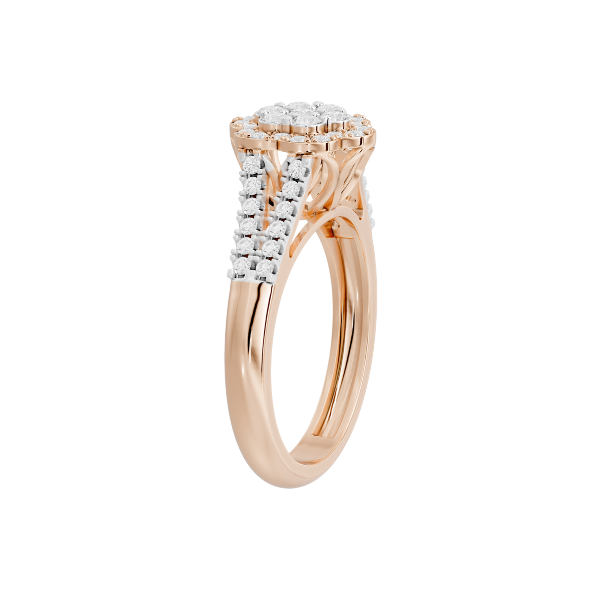 Rose gold vermeil lab diamond ring side view with prong-set halo and pavé stones.