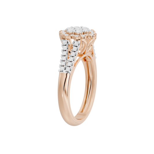 Rose gold vermeil lab diamond ring side view with prong-set halo and pavé stones.