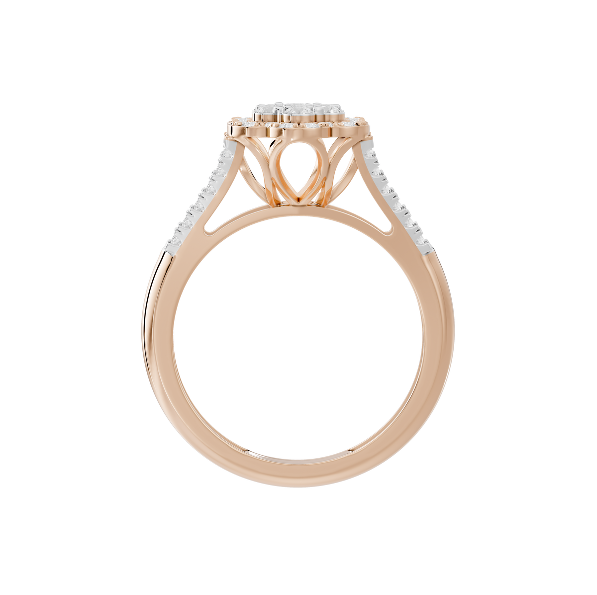 Rose gold vermeil lab diamond ring top view with openwork heart-shaped gallery.
