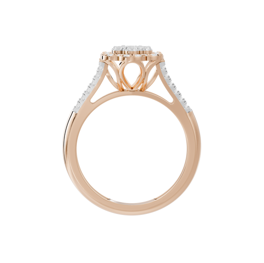 Rose gold vermeil lab diamond ring top view with openwork heart-shaped gallery.