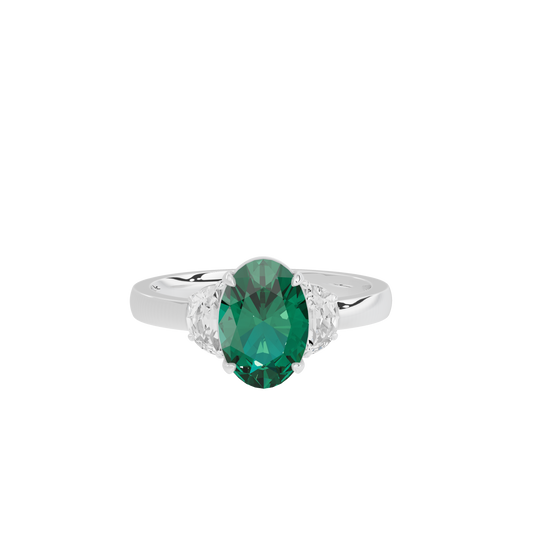 Bluebeam three-stone lab diamond ring with green center stone and side stones, 925 silver
