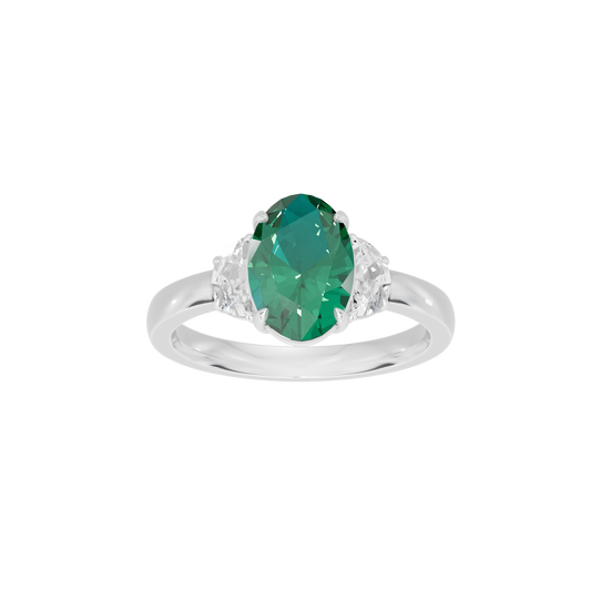 Bluebeam three-stone lab diamond ring in 925 sterling silver, green center stone
