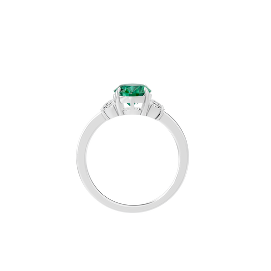 Bluebeam three-stone lab diamond ring, green center stone with prongs, 925 sterling silver