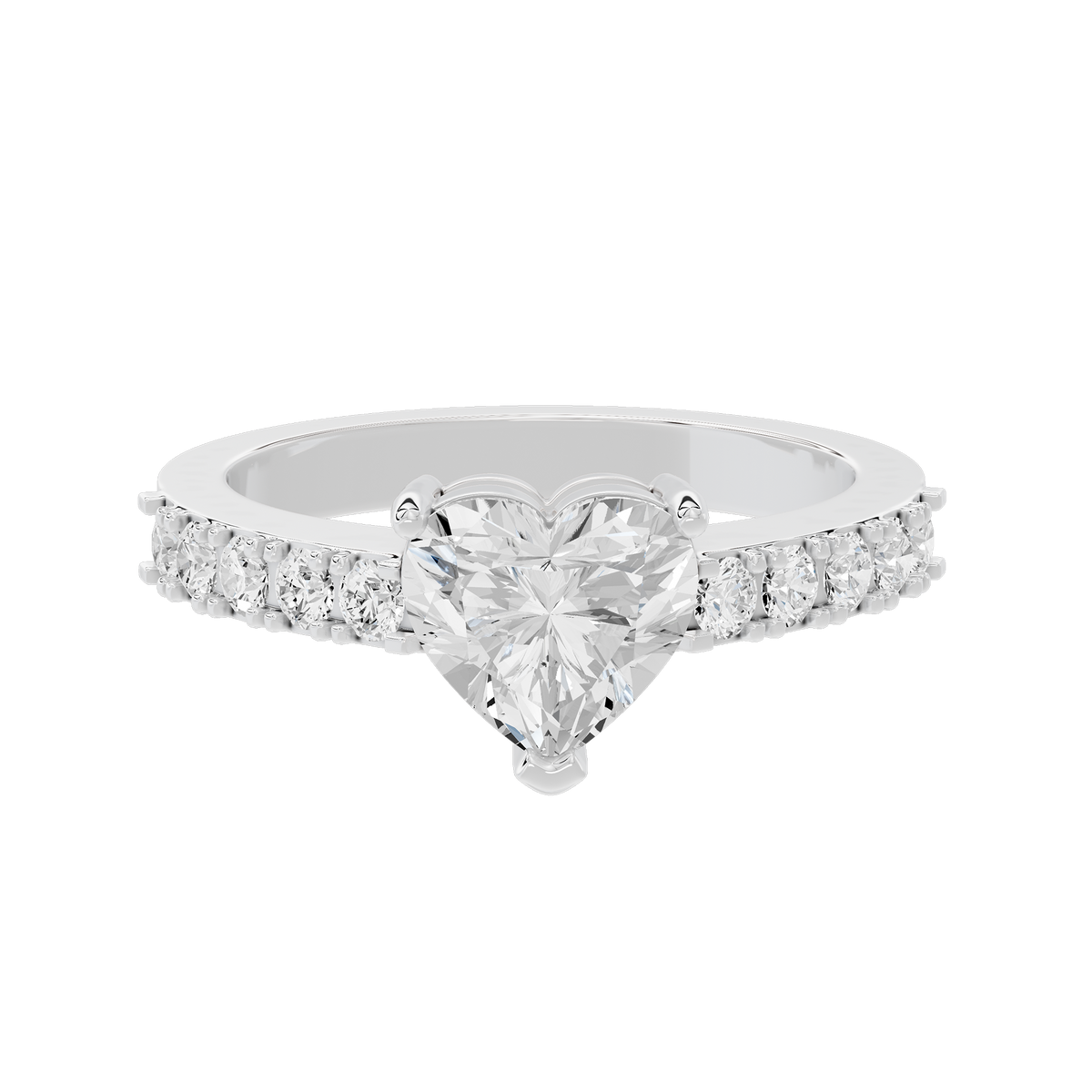 Sterling silver heart halo lab diamond ring with round center stone and studded band