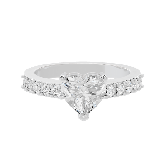 Sterling silver heart halo lab diamond ring with round center stone and studded band