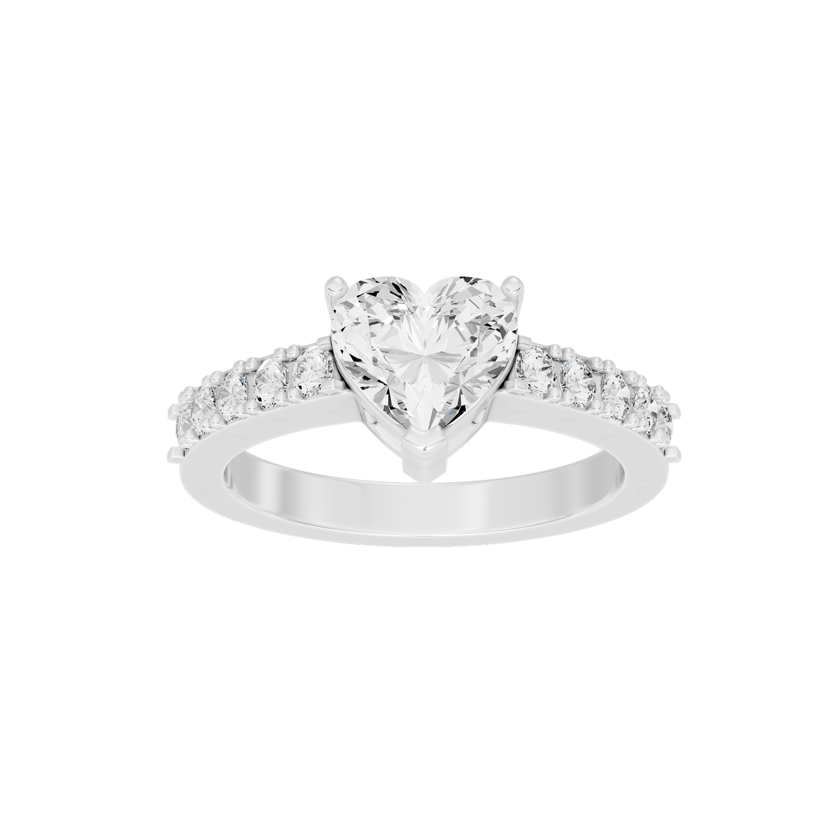 Sterling silver lab diamond ring with heart-shaped center stone and pavé side stones