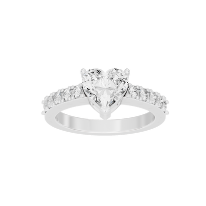 Sterling silver lab diamond ring with heart-shaped center stone and pavé side stones