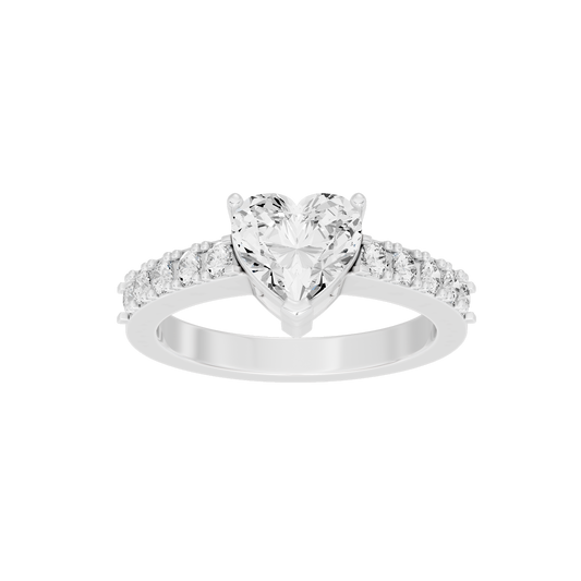 Sterling silver lab diamond ring with heart-shaped center stone and pavé side stones