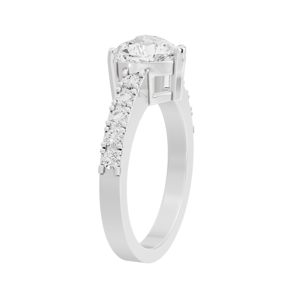 Sterling silver lab diamond ring with heart center stone and pavé band on the sides