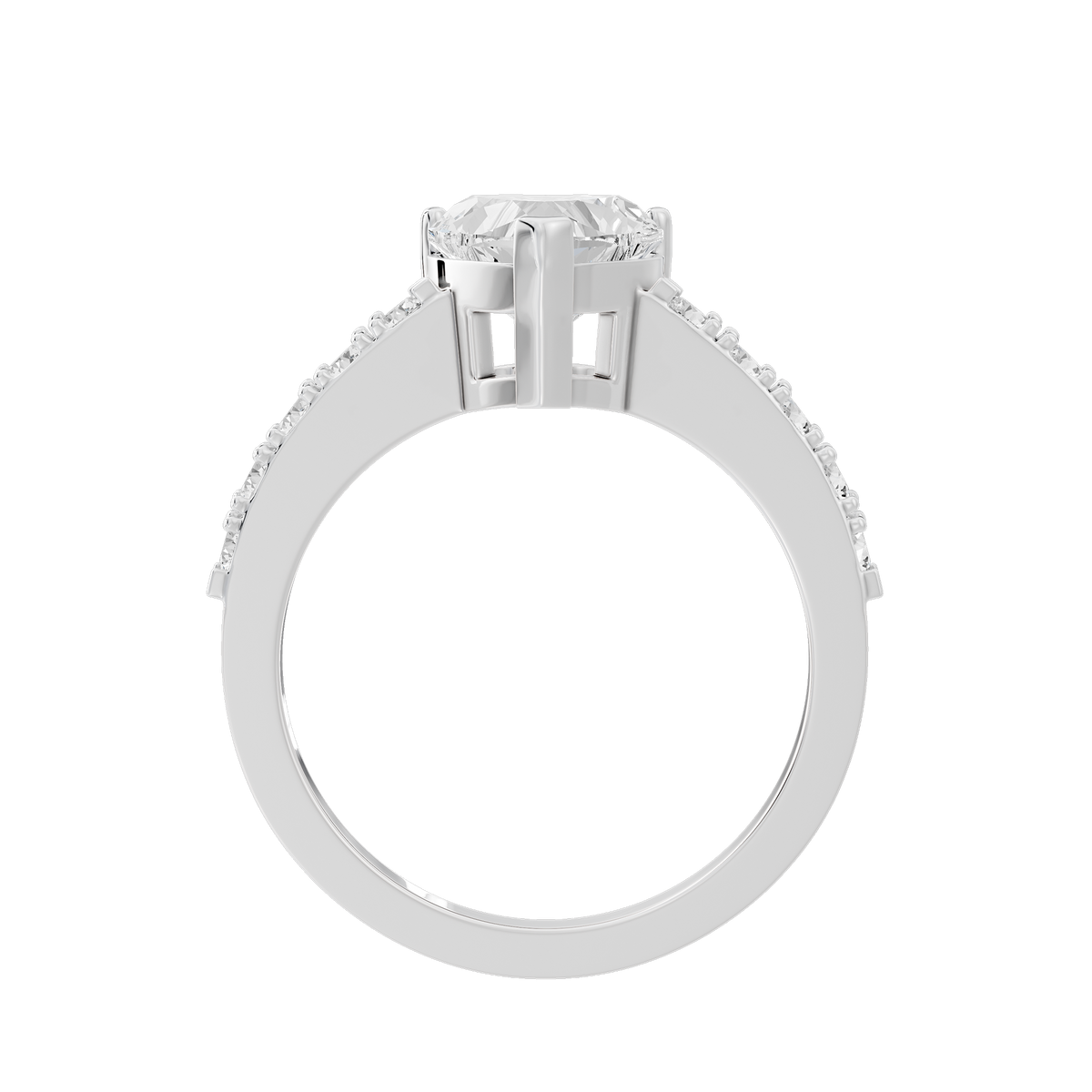 Sterling silver lab diamond ring with raised heart-shaped center and pavé side detail