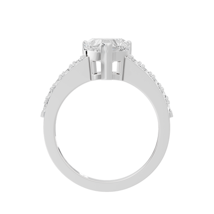 Sterling silver lab diamond ring with raised heart-shaped center and pavé side detail