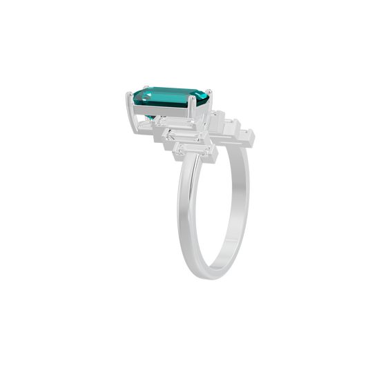 Lab diamond ring side view with emerald-cut teal stone and geometric prongs.