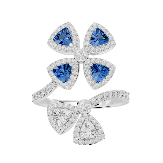 Sterling silver lab diamond ring with blue heart-shaped flower petals and diamond center